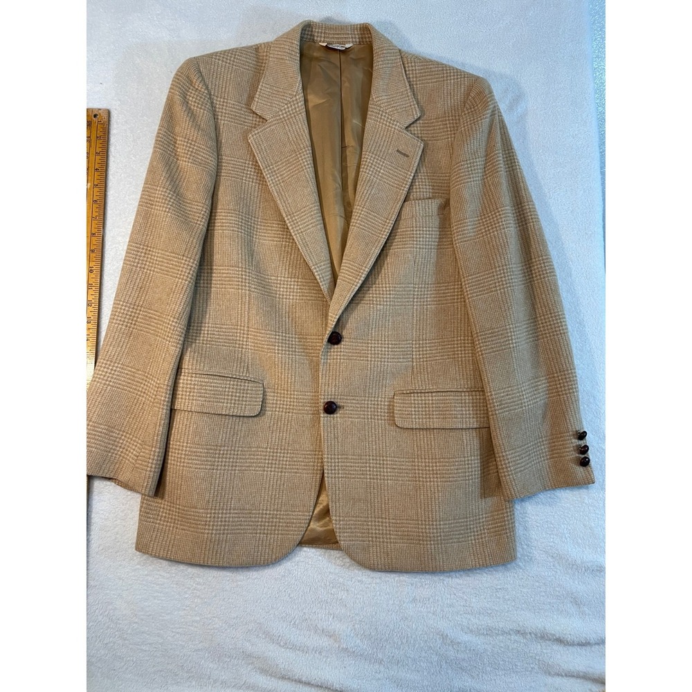 Barrister for Walkers 100% Camel Hair Blazer Tan Glen Plaid Sport Coat USA Made